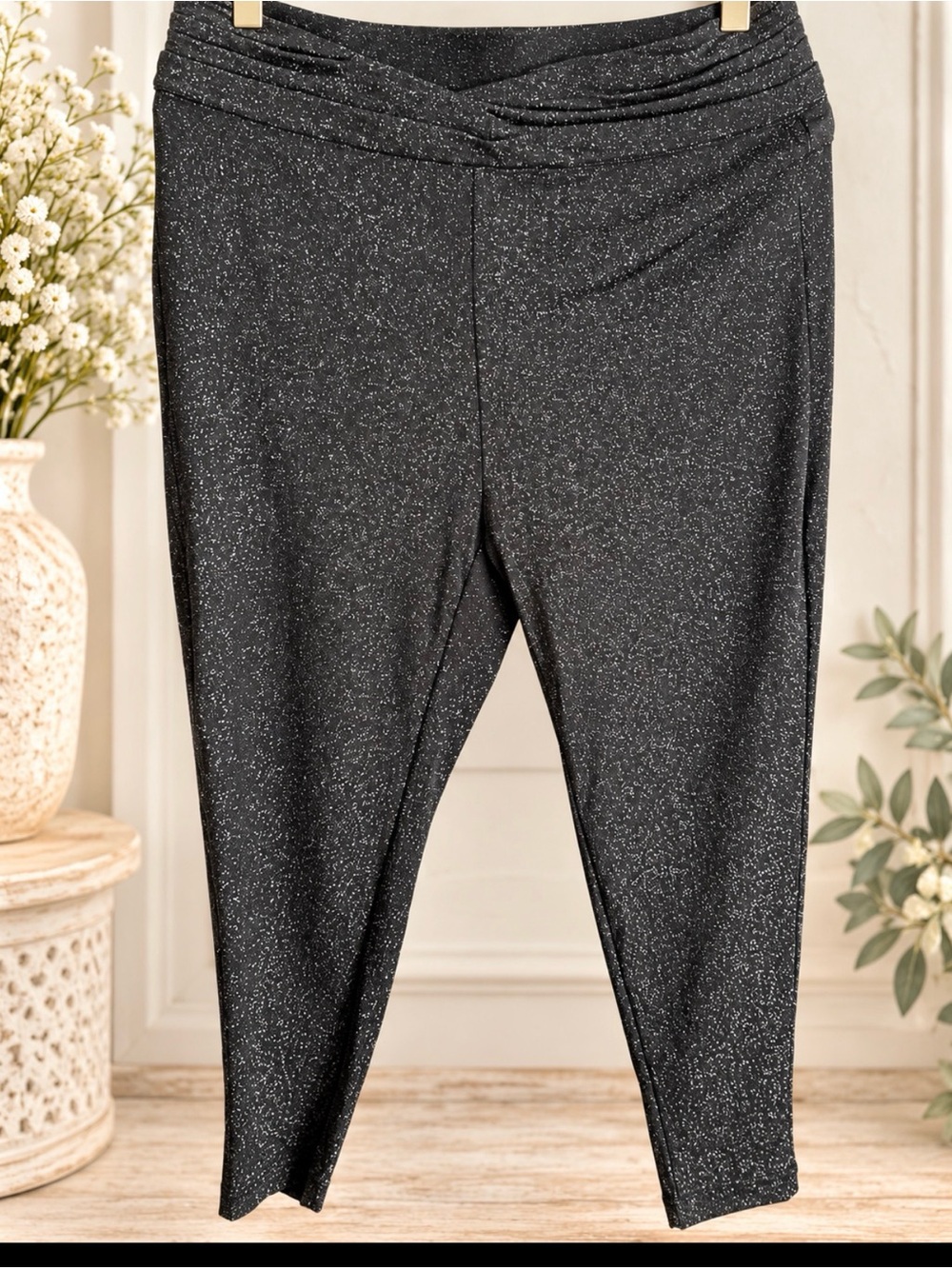 SHEIN Sparkle Pull-On Black Ankle Leggings